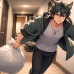 一人暮らしの廊下を、今にも匂いの元を断ち切る勢いでゴミ袋を抱えて全力疾走するサクロウの横長ポートレート。真剣だけどどこか楽しそうな表情と、揺れる耳とコートが部屋の臭いを本気でリセットしに行く雰囲気を伝える。 A young wolf eared man named Sakurou sprints down a narrow apartment hallway with a tied trash bag in his hand, coat and hair flying, determined expression mixing urgency and humor as he rushes out to get rid of the source of a bad smell.