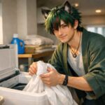 一人暮らしの洗濯スペースで、耳の生えた青年サクロウがベッドシーツを洗濯機に入れている横長ポートレート。緑の髪と羽織、優しく引き締まった表情、差し込む昼の光が、ベッドの生臭さをリセットしようと本気でシーツを洗う穏やかな時間を伝えている。 A horizontal photo of Sakurou, a young wolf eared man, loading a white bedsheet into a top loading washing machine in a small Japanese apartment laundry nook. His green hair, relaxed half smile, and warm daylight from the window create a calm, fresh feeling as he takes care of his bedding to reset any bed smell.