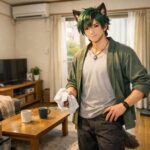 一人暮らしのリビングで、耳の生えた青年サクロウが掃除用の布を片手に立ち、片手を腰に当ててこちらに微笑んでいる横長ポートレート。整えられたソファとローテーブル、二つのマグカップ、テレビボードや収納棚、掃除機が見え、彼女を呼べるくらいに片付いた温かい部屋の空気が伝わる。 A horizontal semi realistic portrait of Sakurou, a young wolf eared man, standing in his tidy Japanese living room with a cleaning cloth in one hand and his other hand on his hip, smiling at the viewer. A neat sofa, low wooden table with two mugs, TV stand, shelves and a vacuum cleaner create a cozy, date ready apartment atmosphere.