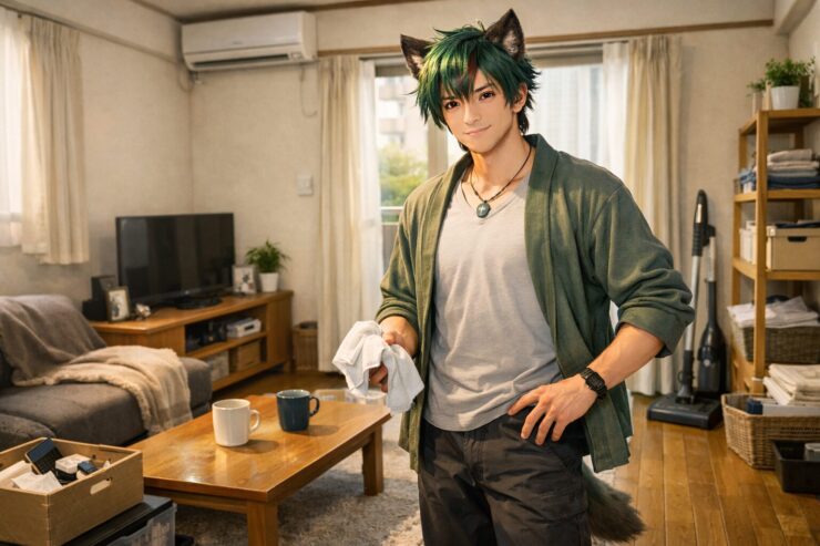 一人暮らしのリビングで、耳の生えた青年サクロウが掃除用の布を片手に立ち、片手を腰に当ててこちらに微笑んでいる横長ポートレート。整えられたソファとローテーブル、二つのマグカップ、テレビボードや収納棚、掃除機が見え、彼女を呼べるくらいに片付いた温かい部屋の空気が伝わる。 A horizontal semi realistic portrait of Sakurou, a young wolf eared man, standing in his tidy Japanese living room with a cleaning cloth in one hand and his other hand on his hip, smiling at the viewer. A neat sofa, low wooden table with two mugs, TV stand, shelves and a vacuum cleaner create a cozy, date ready apartment atmosphere.