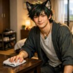 彼女を迎える前に部屋を整えたサクロウが、きれいになったテーブルを布で拭きながら優しくこちらを見る横長ポートレート。 A young wolf eared man cleans a small tidy apartment, hand on a freshly wiped table, soft afternoon light from the window and a calm welcoming smile.