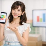 引越し比較サイトを開いたノートPCの前で、引越しCM風のアイドル衣装の若い女性が段ボールに囲まれて座り、悩みながらも楽しそうに業者を比べている場面。 A young Japanese woman in an idol style outfit sits among moving boxes in a bright living room, checking a moving comparison website on her laptop with a thoughtful but relaxed expression.