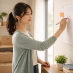 引越し料金が跳ねる前にカレンダーとノートPCで新生活の引越し日程と見積もりの順番を整理している女性の横長ポートレート / A horizontal photo of a young woman planning her spring move with a calendar and laptop, figuring out her moving date and estimate order before prices spike