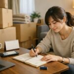 新居のリビングで引越し手続きのチェックリストを見直す女性の横長ポートレート｜A young woman in her new living room reviewing a 72-hour moving checklist on her laptop, surrounded by packed cardboard boxes