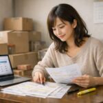 ダイニングテーブルで二枚の引越し見積もりとノートPCを前に、ペンを持った女性が静かに条件を見比べている横長ポートレート。電話に追い立てられず、自分のペースで新生活の引越し費用を整理してほっとしている。A young Japanese woman sits at her dining table with a laptop and two printed moving quotes, calmly comparing options and feeling in control of her moving costs without stressful phone calls.