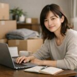 新居のリビングでノートPCとWi-Fiルーターを確認しながら在宅勤務の準備をする女性のポートレート。引越し前後のネット回線が途切れないようにスケジュールをチェックしている様子 Portrait of a young woman in her new apartment, checking her laptop and Wi-Fi router while planning her move so her home internet connection will not be interrupted before and after moving