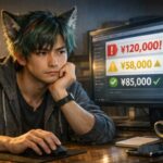 引越し一括見積もりサイトの画面を夜の自室で見つめながら 高すぎる見積もりと安すぎる見積もりを冷静に見分けているサクロウの横長ポートレート Sakurou a young wolf humanoid calmly comparing multiple moving quotes on his home office monitor at night checking which estimate is suspiciously expensive or too cheap