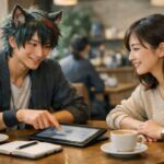 カフェの木のテーブルで、サクロウが若い女性に引越しの訪問見積もりとWEB・一括見積もりの違いを説明している横長ポートレート / A wide café scene where Sakurou, a young wolf-eared man with green-aqua hair, talks with a young woman about different types of moving estimates over a laptop and papers