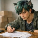 引越し費用を静かに抑えるための準備チェックリストを真剣な表情で見つめるサクロウが、自宅デスクで引越し見積もりの段取りを整理している横長ポートレート Sakurou a young wolf eared man sits at a wooden home office desk and studies a printed moving cost checklist before requesting quotes surrounded by a laptop notes and a soft afternoon city view in a wide horizontal frame