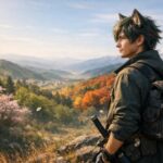 山の稜線に立つサクロウが四季の彩りに染まった谷と雪山の景色を見つめている横長ポートレート写真 Sakurou, a young wolf man, standing on a mountain ridge and looking over a valley colored by spring blossoms, summer green, autumn foliage, and a distant snowy peak in a wide landscape portrait