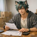 単身引越しの見積もりを比較するサクロウ。段ボールのある部屋で、見積書3枚と電卓を前に落ち着いて検討している横長ポートレート。/ Sakurou compares moving estimates in a Japanese apartment, calmly reviewing three quote sheets with a calculator beside packed boxes. (16:9)