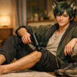 ランニングや立ち仕事のあと、床に腰を下ろしたサクロウがふくらはぎにマッサージガンを当てて足の疲れとむくみを丁寧にほぐしている横長ポートレート。 A young wolf featured man named Sakurou sits on the floor and uses a massage gun on his calf muscles, gently releasing leg fatigue and swelling after a long active day.