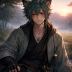 徹夜明けの朝霧の中、疲れをにじませつつ微笑む狼獣人サクロウ。燃える赤い瞳と緑青の短髪、羽織と刀が静かな決意を映す。 Sakurou, a wolf-beast samurai after an all-nighter, smiles faintly in morning mist, red eyes lit with resolve, haori folds and katana at his side.