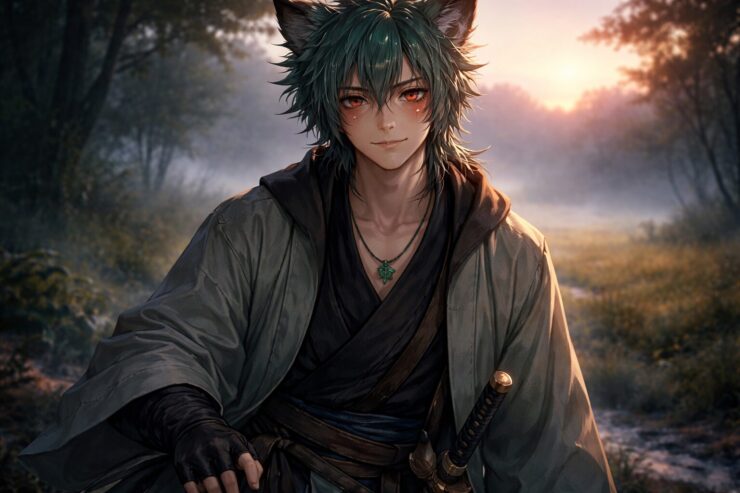 徹夜明けの朝霧の中、疲れをにじませつつ微笑む狼獣人サクロウ。燃える赤い瞳と緑青の短髪、羽織と刀が静かな決意を映す。 Sakurou, a wolf-beast samurai after an all-nighter, smiles faintly in morning mist, red eyes lit with resolve, haori folds and katana at his side.