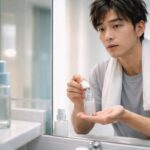 スキンケア初心者の30代男性が洗面所で初めてのグルタチオン系美容液を手のひらに出しながら、鏡越しに使い方を真剣に確認している様子。清潔感のある白い洗面台と基礎化粧品が並び、「今日からちゃんと肌を整えよう」と一歩踏み出す瞬間の表情が印象的なポートレート。 A beginner-friendly skincare scene of a man in his 30s standing at a clean white bathroom sink, checking how to use a glutathione-based “white jade” serum for the first time. He looks at his reflection with a slightly nervous but hopeful expression as he pours a small amount into his palm, surrounded by simple face wash and toner bottles that hint at the start of a new routine.