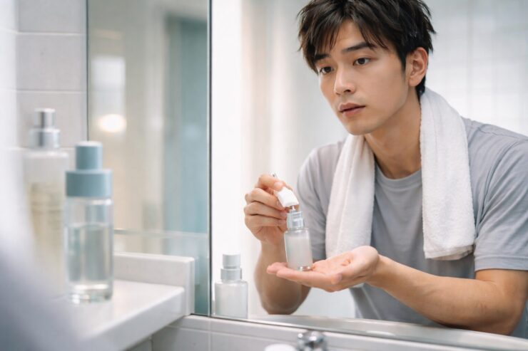 スキンケア初心者の30代男性が洗面所で初めてのグルタチオン系美容液を手のひらに出しながら、鏡越しに使い方を真剣に確認している様子。清潔感のある白い洗面台と基礎化粧品が並び、「今日からちゃんと肌を整えよう」と一歩踏み出す瞬間の表情が印象的なポートレート。 A beginner-friendly skincare scene of a man in his 30s standing at a clean white bathroom sink, checking how to use a glutathione-based “white jade” serum for the first time. He looks at his reflection with a slightly nervous but hopeful expression as he pours a small amount into his palm, surrounded by simple face wash and toner bottles that hint at the start of a new routine.