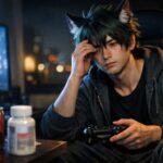 30代くらいのサクロウが深夜の部屋でゲームを一時停止し、コントローラーを握ったままソファにもたれ、モニターの青白い光に照らされた灰色ぎみの顔色と目の下のクマに気づいているシーン。片手で目元をこすりながら、テーブルのエナジードリンク缶と未開封のサプリボトルを前に「夜更かししすぎたかも」と自覚し始めている。 / Sakurou, a young male wolf beastman gamer, pauses his late-night session on the sofa with a controller in hand, his face lit by cold blue monitor light that makes his dull, greyish skin and under-eye shadows stand out. He rubs his tired eyes while an energy drink can and an unopened “white pearl” supplement bottle sit on the table, capturing the moment he realizes he may have pushed his body too far.
