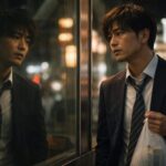 30代のスーツ姿の男性が深夜の帰り道、ネオン街のガラスに映った自分のくすんだ顔を見つめて少し表情を曇らせている様子を描いた横長ポートレート。飲み会帰りの疲れと肌のくすみ、自分の顔色への軽いショックと焦りがにじむシーン。 / A late-night horizontal portrait of a Japanese businessman in his thirties on the way home from drinking, loosening his tie and staring at his dull reflection in a glass window. Warm neon lights and street signs glow in the background while the darker light around his face emphasizes fatigue, skin dullness, and a faint shock at his own complexion.