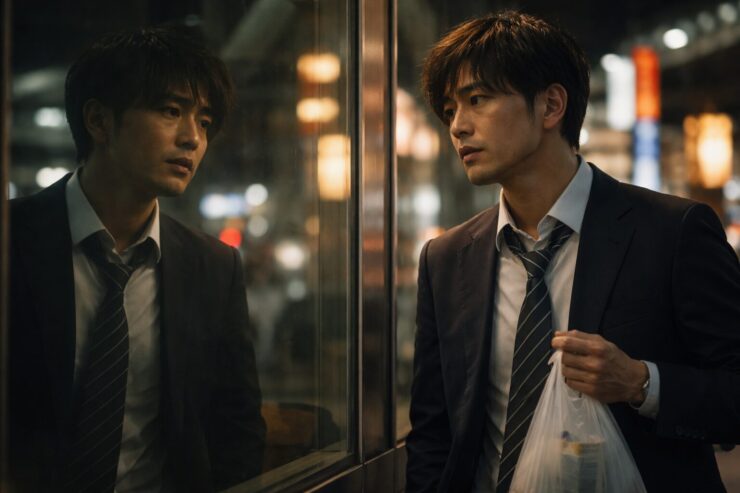 30代のスーツ姿の男性が深夜の帰り道、ネオン街のガラスに映った自分のくすんだ顔を見つめて少し表情を曇らせている様子を描いた横長ポートレート。飲み会帰りの疲れと肌のくすみ、自分の顔色への軽いショックと焦りがにじむシーン。 / A late-night horizontal portrait of a Japanese businessman in his thirties on the way home from drinking, loosening his tie and staring at his dull reflection in a glass window. Warm neon lights and street signs glow in the background while the darker light around his face emphasizes fatigue, skin dullness, and a faint shock at his own complexion.