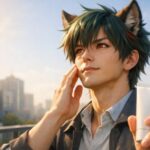 朝のビル街を背景に、サクロウがバルコニーで昇る太陽の方を見上げながら頬に日焼け止めをなじませ、もう片方の手で白いチューブを掲げている。暖かな朝日が輪郭を縁取り、これからは“焼かないほう”を選ぶと決めたような、前向きな表情が印象的なポートレート。 Sakurou, a young male wolf beastman with green hair and wolf ears, stands on a city balcony in the early morning sun, gently touching his cheek while holding a plain white sunscreen tube. Warm light outlines his face and ears as he looks toward the sky with a calm, determined expression, capturing the moment he chooses to protect his skin from now on.