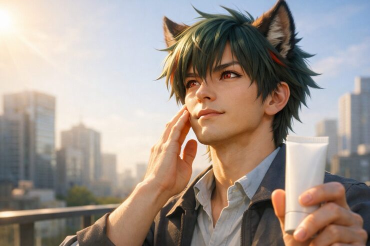 朝のビル街を背景に、サクロウがバルコニーで昇る太陽の方を見上げながら頬に日焼け止めをなじませ、もう片方の手で白いチューブを掲げている。暖かな朝日が輪郭を縁取り、これからは“焼かないほう”を選ぶと決めたような、前向きな表情が印象的なポートレート。 Sakurou, a young male wolf beastman with green hair and wolf ears, stands on a city balcony in the early morning sun, gently touching his cheek while holding a plain white sunscreen tube. Warm light outlines his face and ears as he looks toward the sky with a calm, determined expression, capturing the moment he chooses to protect his skin from now on.