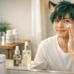 朝の洗面所で、狼耳の青年サクロウが白いTシャツ姿で鏡の前に立ち、頬に日焼け止めを伸ばしながら穏やかに微笑んでいる。手前の洗面台にはトーンアップ日焼け止めと美容液ボトルが並び、奥のテーブルにはサプリボトルとグラスが置かれていて、「美白まではいらないけど印象は上げたい」男性の透明感ケア3ステップの朝の身支度シーン。 / In a bright morning bathroom, Sakurou, a wolf-eared young man in a plain white T-shirt, gently blends sunscreen onto his cheek while smiling at his reflection. On the sink in front of him, tone-up sunscreen and serum bottles are lined up, and a supplement bottle with a glass of water sits on the table in the background, visualizing a three-step “boost your impression without going full whitening” skincare routine for men.