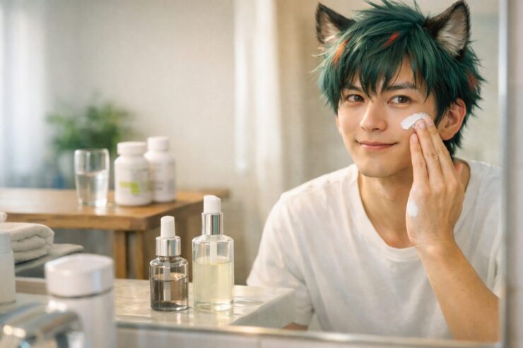 朝の洗面所で、狼耳の青年サクロウが白いTシャツ姿で鏡の前に立ち、頬に日焼け止めを伸ばしながら穏やかに微笑んでいる。手前の洗面台にはトーンアップ日焼け止めと美容液ボトルが並び、奥のテーブルにはサプリボトルとグラスが置かれていて、「美白まではいらないけど印象は上げたい」男性の透明感ケア3ステップの朝の身支度シーン。 / In a bright morning bathroom, Sakurou, a wolf-eared young man in a plain white T-shirt, gently blends sunscreen onto his cheek while smiling at his reflection. On the sink in front of him, tone-up sunscreen and serum bottles are lined up, and a supplement bottle with a glass of water sits on the table in the background, visualizing a three-step “boost your impression without going full whitening” skincare routine for men.
