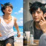 日焼け止めを塗らずに真夏の海ではしゃぐ若いサクロウと、35歳になり洗面台の鏡越しにシミやくすみに気づいて苦笑いするサクロウを左右で対比した横長ポートレート / A split-screen horizontal portrait of Sakurou: on the left his younger self carefree under strong summer sun at the beach with no sunscreen, on the right his mid-thirties self at a sink noticing dark spots and dullness in the mirror with a wry, regretful smile