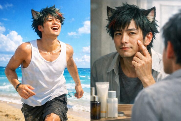 日焼け止めを塗らずに真夏の海ではしゃぐ若いサクロウと、35歳になり洗面台の鏡越しにシミやくすみに気づいて苦笑いするサクロウを左右で対比した横長ポートレート / A split-screen horizontal portrait of Sakurou: on the left his younger self carefree under strong summer sun at the beach with no sunscreen, on the right his mid-thirties self at a sink noticing dark spots and dullness in the mirror with a wry, regretful smile