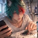 浴室の洗面台で、狼耳の青年がスマホを片手に排水口の抜け毛を見つめ、育毛ケアを始める決意をにじませている。 In a small bathroom, a wolf-eared young man holds a smartphone and stares at hair in the drain, showing quiet worry and a first-step resolve.