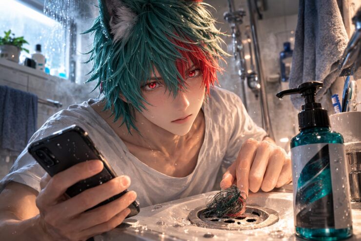 浴室の洗面台で、狼耳の青年がスマホを片手に排水口の抜け毛を見つめ、育毛ケアを始める決意をにじませている。 In a small bathroom, a wolf-eared young man holds a smartphone and stares at hair in the drain, showing quiet worry and a first-step resolve.