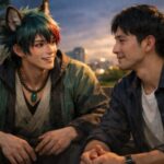 夕暮れの公園ベンチで、サクロウが仕事帰り風の男性ペルソナと向き合って話している横長ポートレート。赤い瞳のサクロウはやさしく前を向き、男性は少し緊張がほどけた表情で見返している。 A cinematic horizontal portrait of Sakurou speaking with an adult male persona on a park bench at dusk, warm city lights behind them, capturing a calm moment of trust, relief, and grounded conversation.