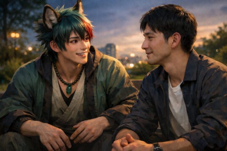 夕暮れの公園ベンチで、サクロウが仕事帰り風の男性ペルソナと向き合って話している横長ポートレート。赤い瞳のサクロウはやさしく前を向き、男性は少し緊張がほどけた表情で見返している。 A cinematic horizontal portrait of Sakurou speaking with an adult male persona on a park bench at dusk, warm city lights behind them, capturing a calm moment of trust, relief, and grounded conversation.