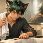 洗面台に落ちた抜け毛を見つめるサクロウの横長ポートレート。白いタオルを肩にかけ、緑青の短髪に赤い差し色、赤い瞳、丸い狼耳がやわらかな朝の光に浮かび、黒いボトルとコームが静かな洗面台に置かれている。 A horizontal portrait of Sakurou in a bathroom, quietly looking at shed hair on the sink. A white towel rests on his shoulder, while his green-aqua short hair with red streaks, fiery red eyes, and soft wolf ears sit in gentle morning light beside a black bottle and comb.