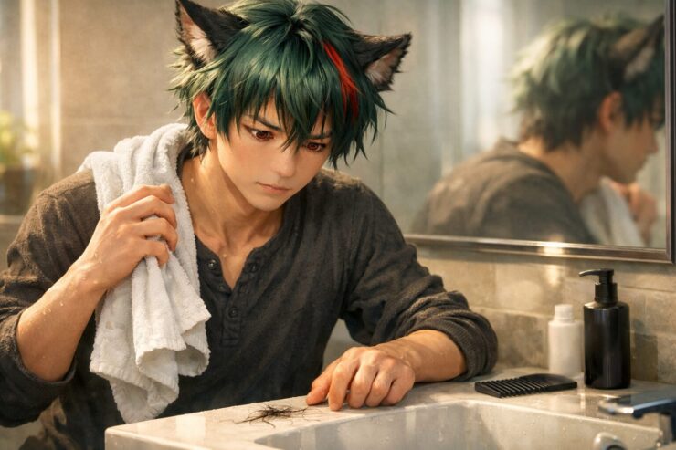 洗面台に落ちた抜け毛を見つめるサクロウの横長ポートレート。白いタオルを肩にかけ、緑青の短髪に赤い差し色、赤い瞳、丸い狼耳がやわらかな朝の光に浮かび、黒いボトルとコームが静かな洗面台に置かれている。 A horizontal portrait of Sakurou in a bathroom, quietly looking at shed hair on the sink. A white towel rests on his shoulder, while his green-aqua short hair with red streaks, fiery red eyes, and soft wolf ears sit in gentle morning light beside a black bottle and comb.