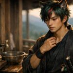 山小屋の洗面台のそばで、サクロウが襟元に手をやりながら静かに自分の状態を確かめている横長ポートレート。夕暮れのやわらかな光、赤い瞳、緑青の短髪、丸い狼耳、旅装と刀が、思索と静かな気づきの空気をつくっている。 Sakurou stands beside a rustic washstand at a mountain lodge, lightly touching his collar in warm twilight, his red eyes thoughtful as he quietly checks himself after a long day.