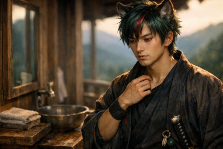 山小屋の洗面台のそばで、サクロウが襟元に手をやりながら静かに自分の状態を確かめている横長ポートレート。夕暮れのやわらかな光、赤い瞳、緑青の短髪、丸い狼耳、旅装と刀が、思索と静かな気づきの空気をつくっている。 Sakurou stands beside a rustic washstand at a mountain lodge, lightly touching his collar in warm twilight, his red eyes thoughtful as he quietly checks himself after a long day.