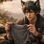 山道の休憩所で、サクロウが灰色の消臭インナーを両手で持ち、真剣な目で確かめている横長ポートレート。夕方のやわらかな光と風に揺れる髪、旅装と刀が静かな緊張感をつくる。 Sakurou studies a plain gray odor-control inner shirt at a mountain rest stop, holding it in both hands under warm late-afternoon light, his red eyes focused with quiet skepticism.