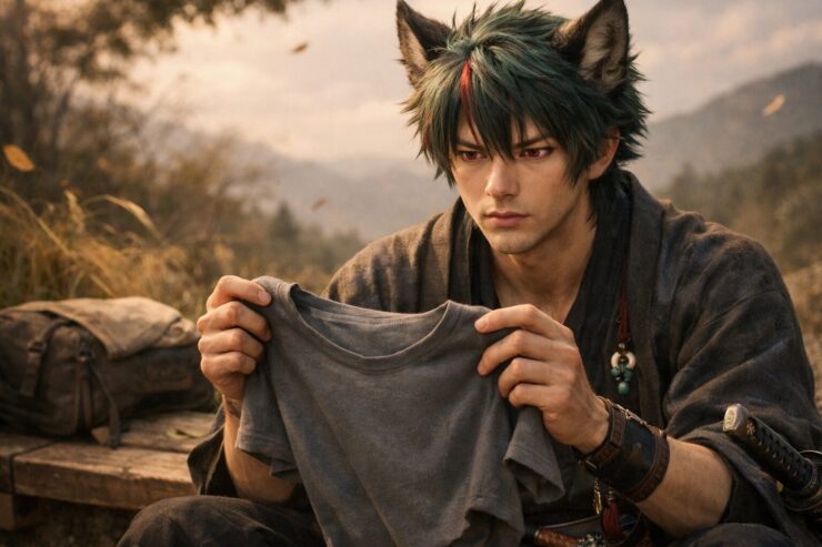 山道の休憩所で、サクロウが灰色の消臭インナーを両手で持ち、真剣な目で確かめている横長ポートレート。夕方のやわらかな光と風に揺れる髪、旅装と刀が静かな緊張感をつくる。 Sakurou studies a plain gray odor-control inner shirt at a mountain rest stop, holding it in both hands under warm late-afternoon light, his red eyes focused with quiet skepticism.