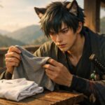 山小屋のテラスで、サクロウが木のテーブルに置いた白いインナーと、手に持った灰色のインナーを見比べている横長ポートレート。夕方のやわらかな光の中、赤い瞳と狼耳、旅装と刀が、静かな比較と判断の空気をつくっている。 Sakurou compares a gray undershirt in his hands with a folded white one on a wooden table at a mountain lodge porch, his red eyes focused in warm late-afternoon light.