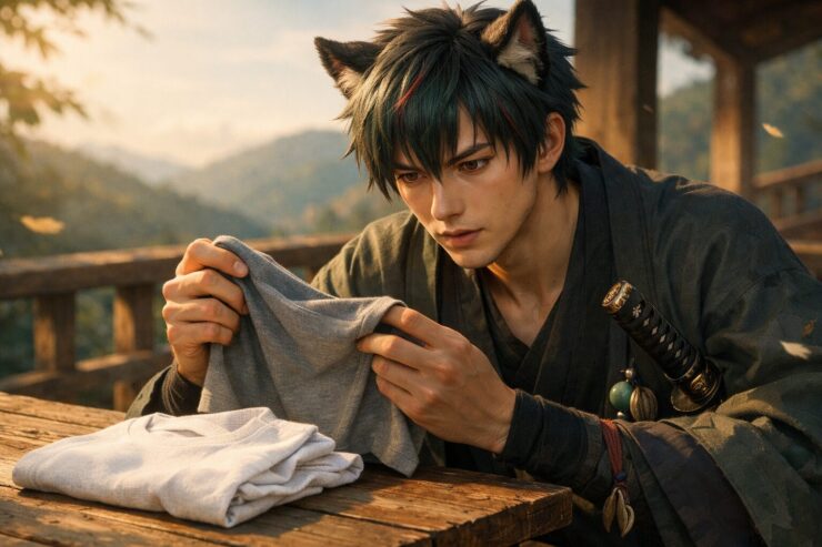 山小屋のテラスで、サクロウが木のテーブルに置いた白いインナーと、手に持った灰色のインナーを見比べている横長ポートレート。夕方のやわらかな光の中、赤い瞳と狼耳、旅装と刀が、静かな比較と判断の空気をつくっている。 Sakurou compares a gray undershirt in his hands with a folded white one on a wooden table at a mountain lodge porch, his red eyes focused in warm late-afternoon light.