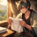 山小屋の窓辺で、サクロウが白い無地インナーを両手で持ち、夕方のやわらかな光の中で静かに見極めている横長ポートレート。赤い瞳、緑青の短髪、丸い狼耳、旅装と刀が、価格と価値を誠実に量っているような空気をつくる。 Sakurou sits by a mountain lodge window, holding a plain white undershirt in both hands and examining it quietly in warm evening light, his red eyes focused with calm, honest judgment.