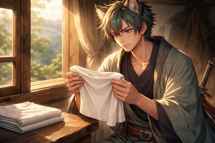 山小屋の窓辺で、サクロウが白い無地インナーを両手で持ち、夕方のやわらかな光の中で静かに見極めている横長ポートレート。赤い瞳、緑青の短髪、丸い狼耳、旅装と刀が、価格と価値を誠実に量っているような空気をつくる。 Sakurou sits by a mountain lodge window, holding a plain white undershirt in both hands and examining it quietly in warm evening light, his red eyes focused with calm, honest judgment.
