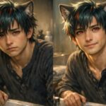 洗面台にもたれた私服のサクロウを左右2カットで並べた横長ポートレート。左は不安げな表情、右は少し前向きな微笑みで、育毛ケアへの迷いから希望へ移る心の変化を表している。