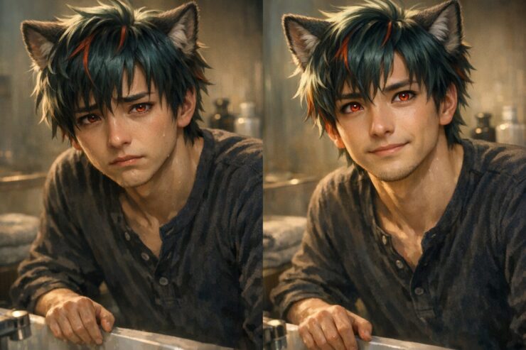 洗面台にもたれた私服のサクロウを左右2カットで並べた横長ポートレート。左は不安げな表情、右は少し前向きな微笑みで、育毛ケアへの迷いから希望へ移る心の変化を表している。