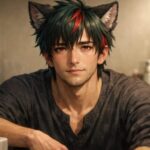 洗面台の前に中央配置で大きく写る私服のサクロウの横長ポートレート。少し疲れを残しつつも穏やかな表情と赤い瞳に静かな手応えがにじみ、育毛剤を3ヶ月続けたあとの安心感を表している。