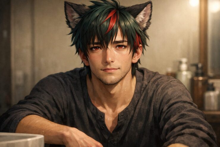 洗面台の前に中央配置で大きく写る私服のサクロウの横長ポートレート。少し疲れを残しつつも穏やかな表情と赤い瞳に静かな手応えがにじみ、育毛剤を3ヶ月続けたあとの安心感を表している。