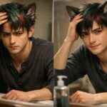 洗面台の前で髪に手を当てた私服のサクロウを左右2カットで並べた横長ポートレート。左は不安と迷いの表情、右は少し前向きな視線で、育毛剤とAGA治療の違いに向き合う判断の瞬間を表している。