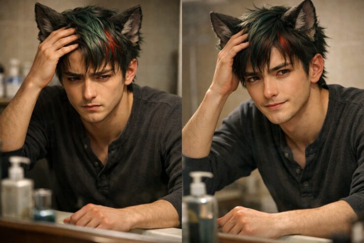 洗面台の前で髪に手を当てた私服のサクロウを左右2カットで並べた横長ポートレート。左は不安と迷いの表情、右は少し前向きな視線で、育毛剤とAGA治療の違いに向き合う判断の瞬間を表している。