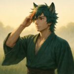 朝霧の草原で髪を整える青年獣人サクロウの横姿